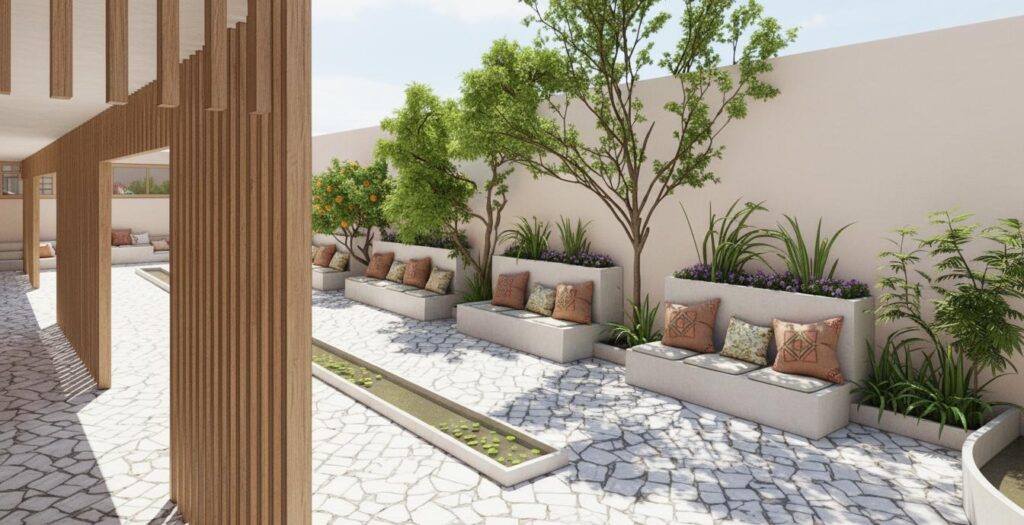 Albergue turístico González Anaya exterior patio vegetación Málaga